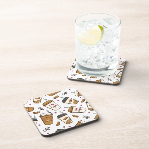 Coffee Cups Coffee Beans Coffee Lover Hearts Beverage Coaster