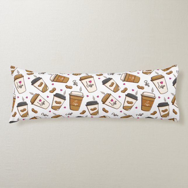 Coffee Cups, Coffee Beans, Coffee Lover, Hearts Body Pillow (Front)