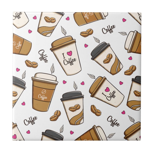 Coffee Cups, Coffee Beans, Coffee Lover, Hearts Ceramic Tile (Front)