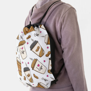 Coffee Cups, Coffee Beans, Coffee Lover, Hearts Drawstring Bag