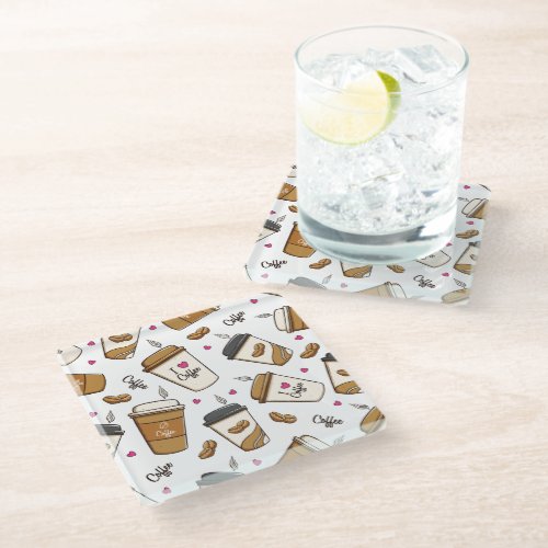 Coffee Cups Coffee Beans Coffee Lover Hearts Glass Coaster