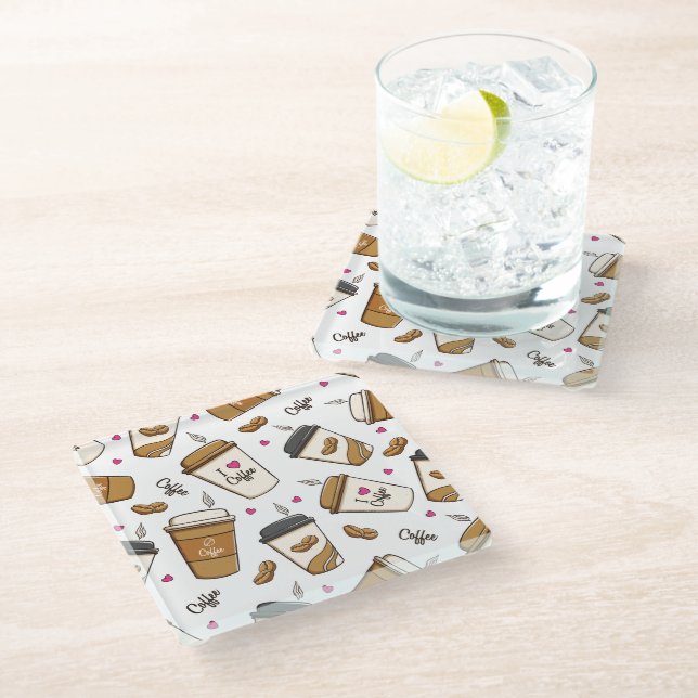 Coffee Cups, Coffee Beans, Coffee Lover, Hearts Glass Coaster (Angled)