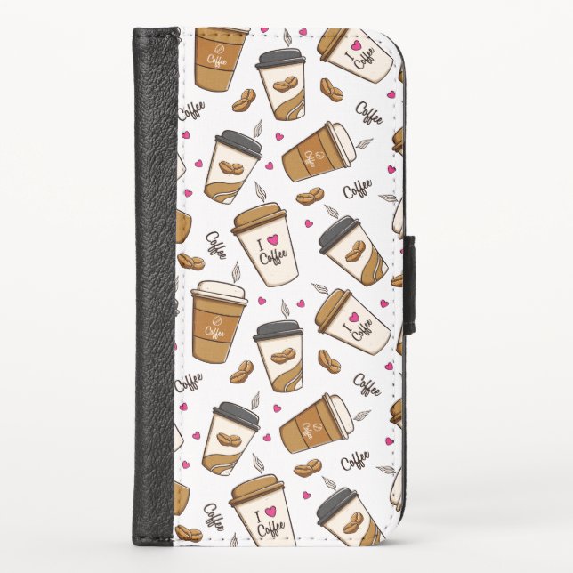Coffee Cups, Coffee Beans, Coffee Lover, Hearts iPhone Wallet Case (Front)