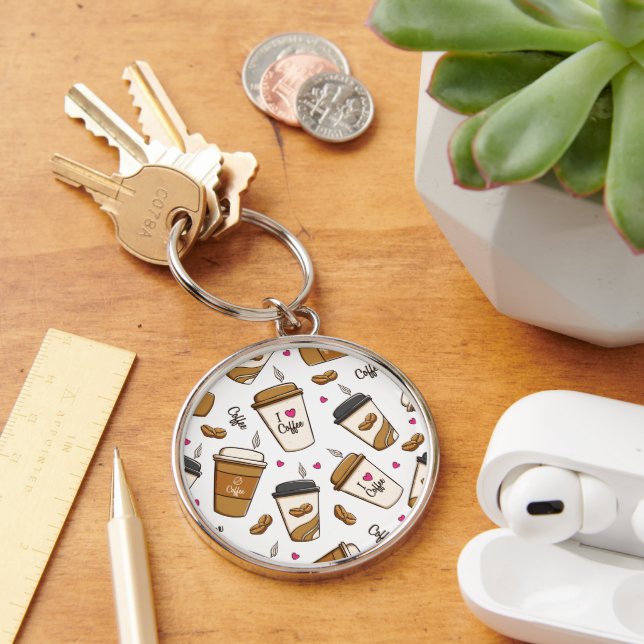 Coffee Cups, Coffee Beans, Coffee Lover, Hearts Keychain (Desk)