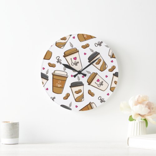 Coffee Cups Coffee Beans Coffee Lover Hearts Large Clock