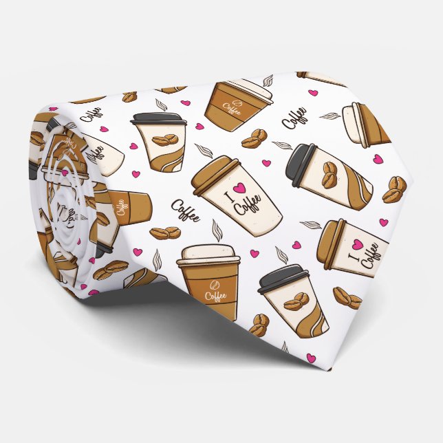 Coffee Cups, Coffee Beans, Coffee Lover, Hearts Neck Tie (Rolled)