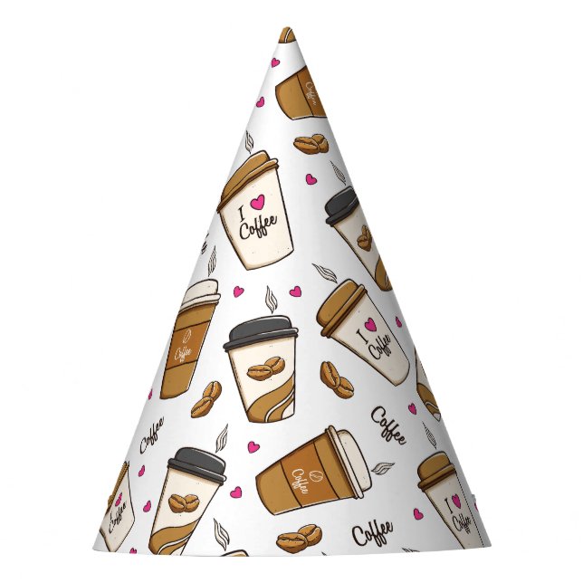 Coffee Cups, Coffee Beans, Coffee Lover, Hearts Party Hat (Front)