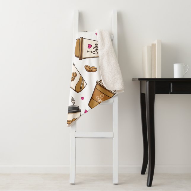 Coffee Cups, Coffee Beans, Coffee Lover, Hearts Sherpa Blanket (In Situ)