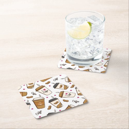 Coffee Cups Coffee Beans Coffee Lover Hearts Square Paper Coaster