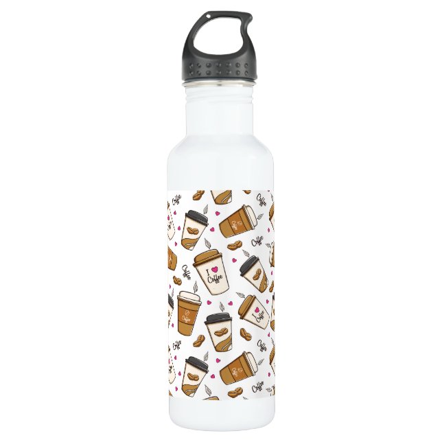 Coffee Cups, Coffee Beans, Coffee Lover, Hearts Stainless Steel Water Bottle (Front)