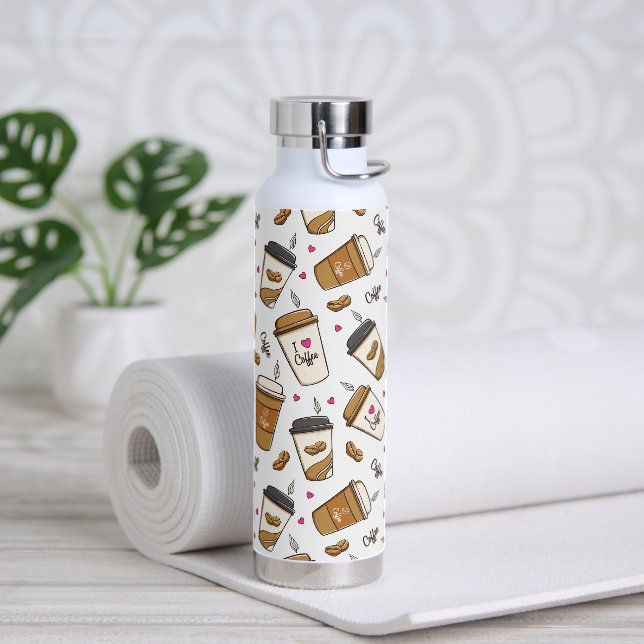 Coffee Cups, Coffee Beans, Coffee Lover, Hearts Water Bottle (Yoga)
