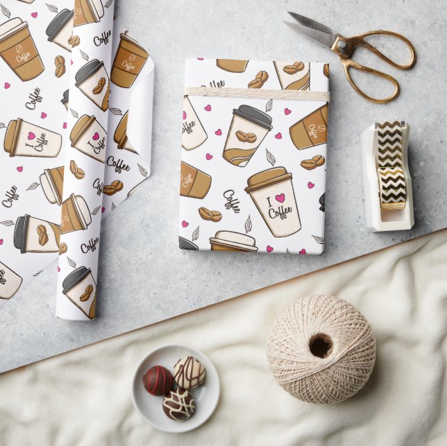 Coffee Cups, Coffee Beans, Coffee Lover, Hearts Wrapping Paper (Crafts)