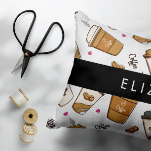 Coffee Cups, Coffee Beans, Coffee Lover, Your Name Accent Pillow