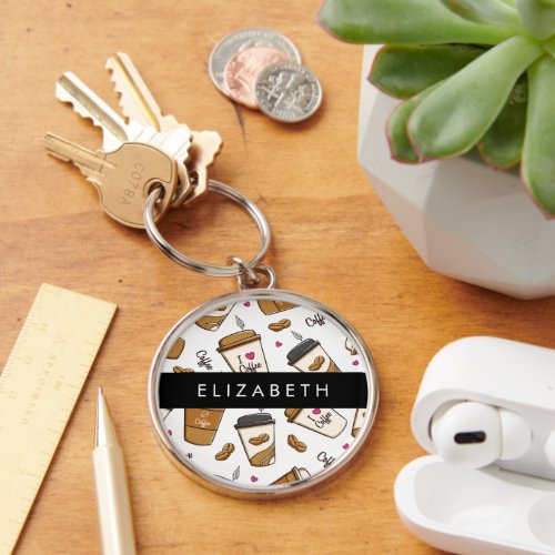 Coffee Cups Coffee Beans Coffee Lover Your Name Keychain