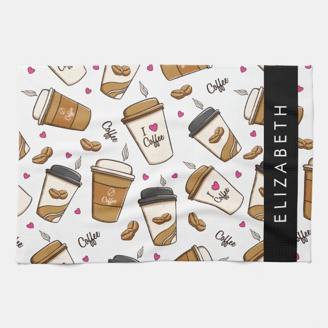 Coffee Cups, Coffee Beans, Coffee Lover, Your Name Kitchen Towel (Horizontal)