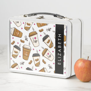 Coffee Cups, Coffee Beans, Coffee Lover, Your Name Metal Lunch Box