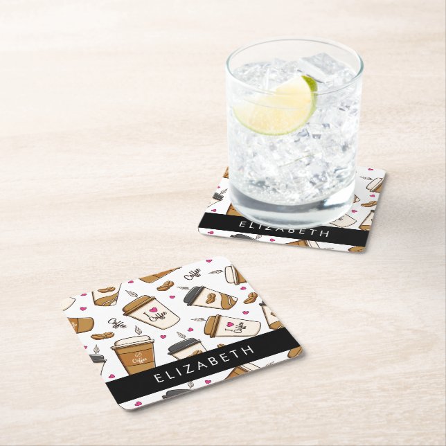 Coffee Cups, Coffee Beans, Coffee Lover, Your Name Square Paper Coaster (Insitu)