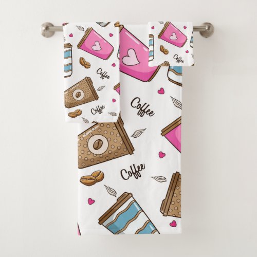 Coffee Cups Coffee Beans Hearts Coffee Lover Bath Towel Set