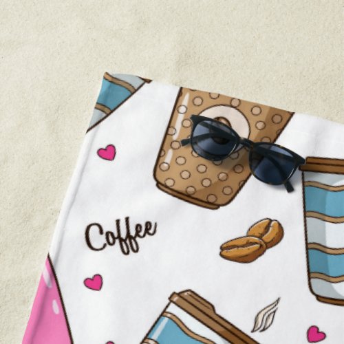 Coffee Cups Coffee Beans Hearts Coffee Lover Beach Towel