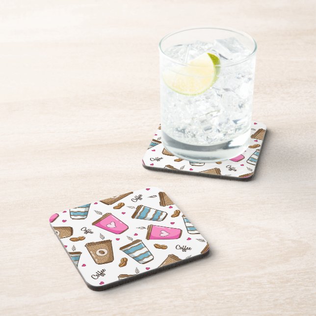 Coffee Cups, Coffee Beans, Hearts, Coffee Lover Beverage Coaster (Right Side)