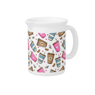 Coffee Cups, Coffee Beans, Hearts, Coffee Lover Beverage Pitcher