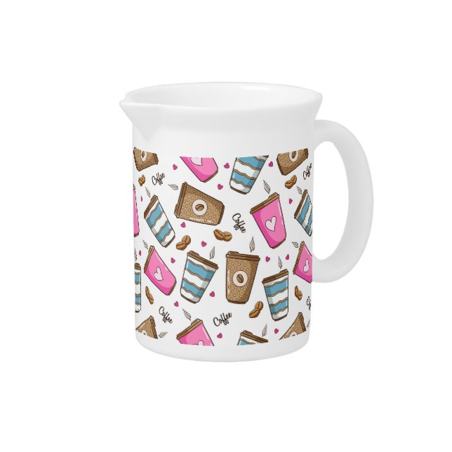 Coffee Cups, Coffee Beans, Hearts, Coffee Lover Beverage Pitcher (Right)