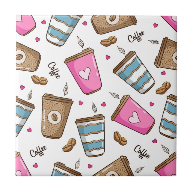 Coffee Cups, Coffee Beans, Hearts, Coffee Lover Ceramic Tile (Front)
