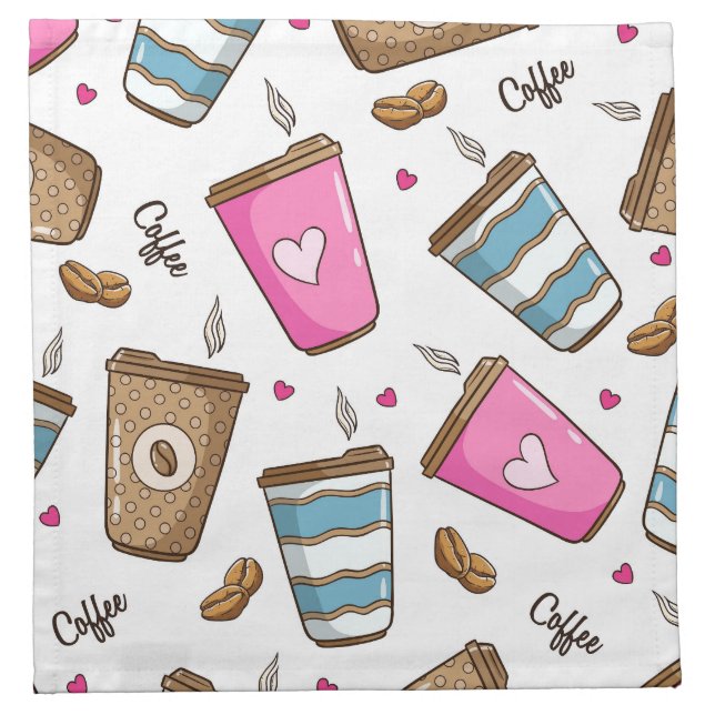 Coffee Cups, Coffee Beans, Hearts, Coffee Lover Cloth Napkin (Front)