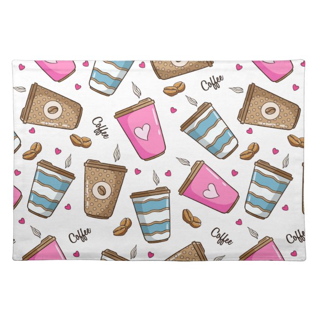 Coffee Cups, Coffee Beans, Hearts, Coffee Lover Cloth Placemat (Front)
