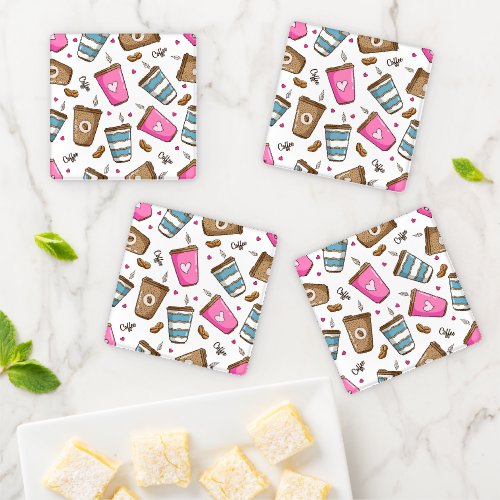 Coffee Cups Coffee Beans Hearts Coffee Lover Coaster Set