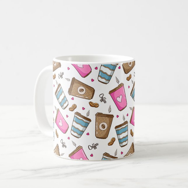 Coffee Cups, Coffee Beans, Hearts, Coffee Lover Coffee Mug (Front Left)