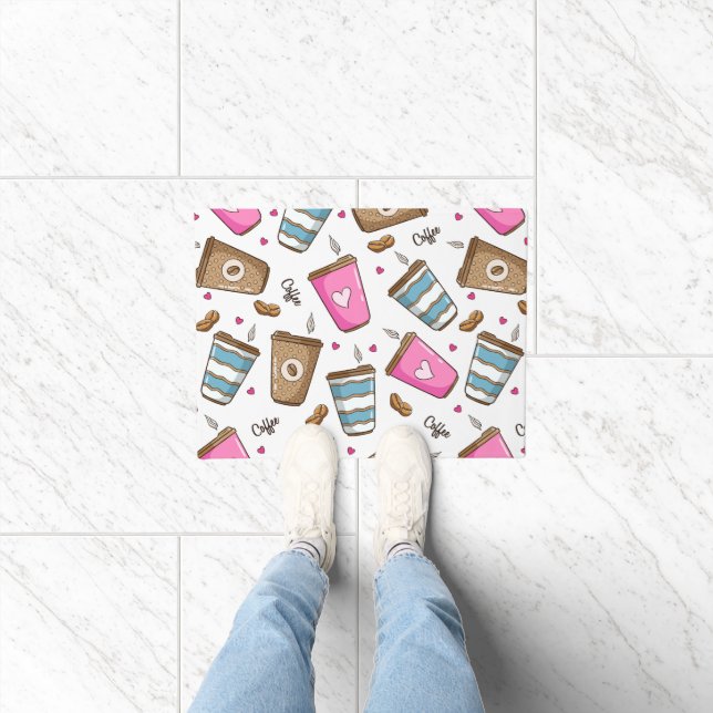 Coffee Cups, Coffee Beans, Hearts, Coffee Lover Doormat (Indoor)