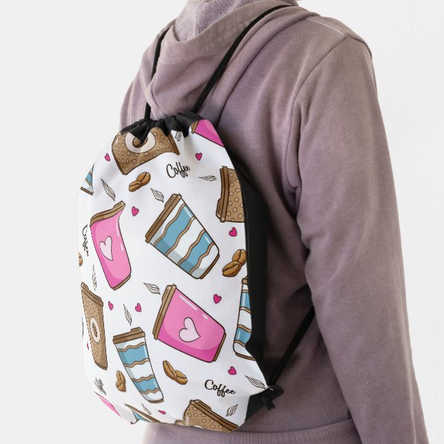 Coffee Cups, Coffee Beans, Hearts, Coffee Lover Drawstring Bag (Insitu)