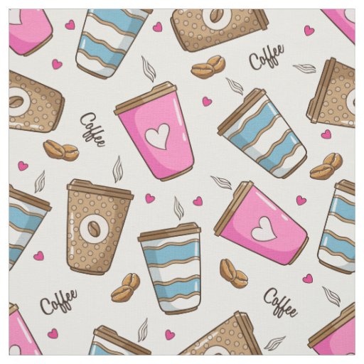 Coffee Cups, Coffee Beans, Hearts, Coffee Lover Fabric