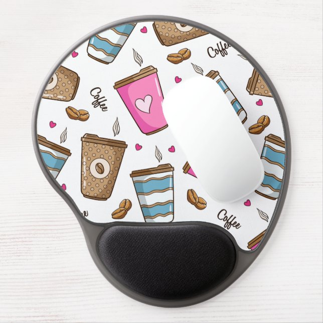 Coffee Cups, Coffee Beans, Hearts, Coffee Lover Gel Mouse Pad (Left Side)