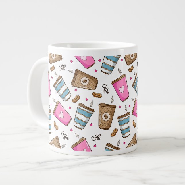 Coffee Cups, Coffee Beans, Hearts, Coffee Lover Giant Coffee Mug (Front Left)