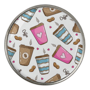 Coffee Cups, Coffee Beans, Hearts, Coffee Lover Golf Ball Marker