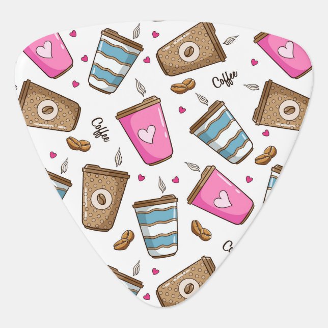 Coffee Cups, Coffee Beans, Hearts, Coffee Lover Guitar Pick (Front)