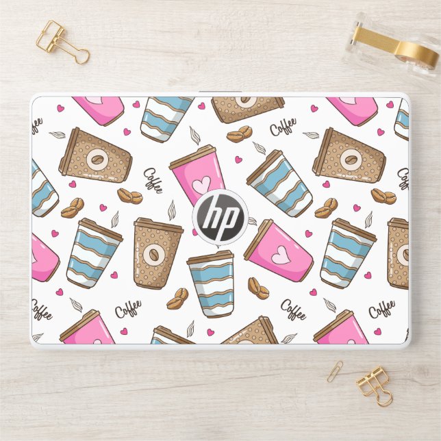 Coffee Cups, Coffee Beans, Hearts, Coffee Lover HP Laptop Skin (Desk)
