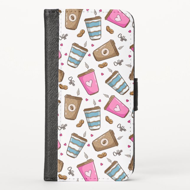Coffee Cups, Coffee Beans, Hearts, Coffee Lover iPhone Wallet Case (Front)