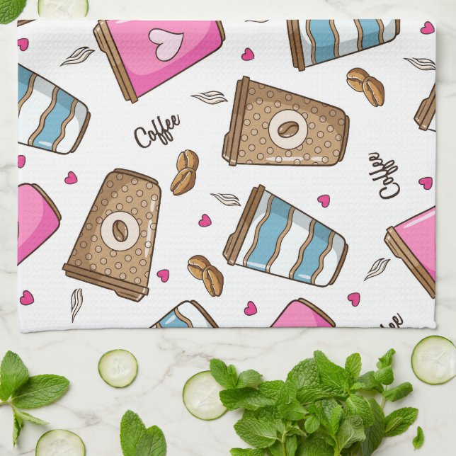 Coffee Cups, Coffee Beans, Hearts, Coffee Lover Kitchen Towel (Folded)
