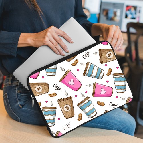 Coffee Cups Coffee Beans Hearts Coffee Lover Laptop Sleeve