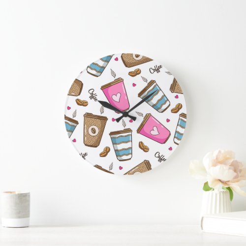 Coffee Cups Coffee Beans Hearts Coffee Lover Large Clock