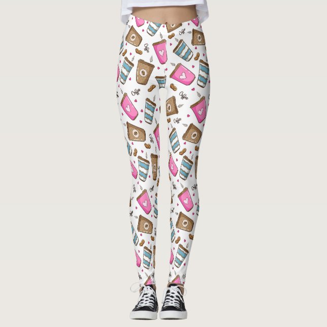 Coffee Cups, Coffee Beans, Hearts, Coffee Lover Leggings (Front)