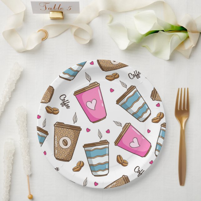 Coffee Cups, Coffee Beans, Hearts, Coffee Lover Paper Plates (Wedding)
