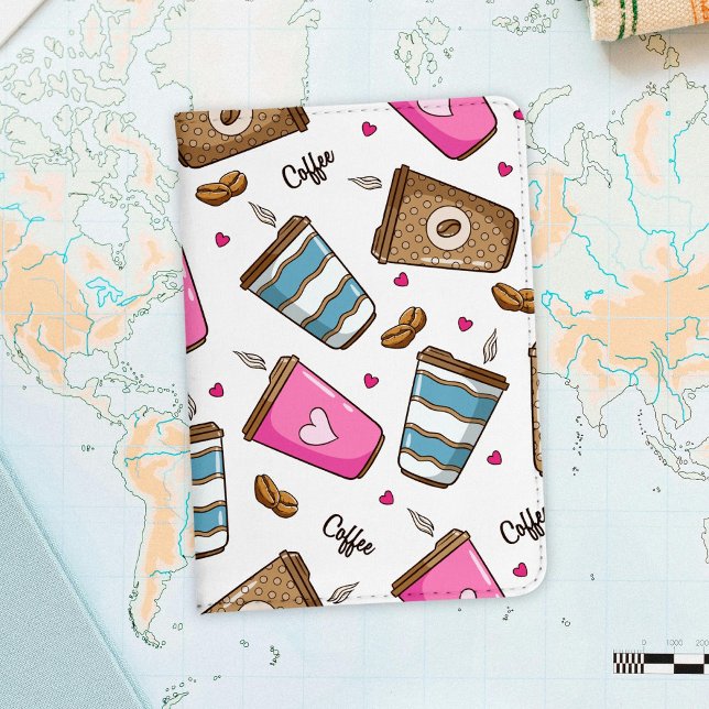 Coffee Cups, Coffee Beans, Hearts, Coffee Lover Passport Holder (Creator Uploaded)