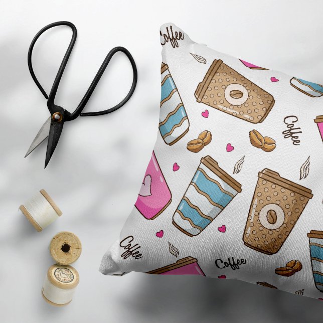 Coffee Cups, Coffee Beans, Hearts, Coffee Lover Pillow Case (Creator Uploaded)