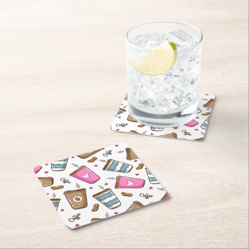 Coffee Cups Coffee Beans Hearts Coffee Lover Square Paper Coaster