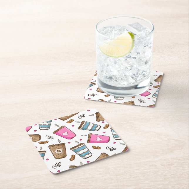 Coffee Cups, Coffee Beans, Hearts, Coffee Lover Square Paper Coaster (Insitu)