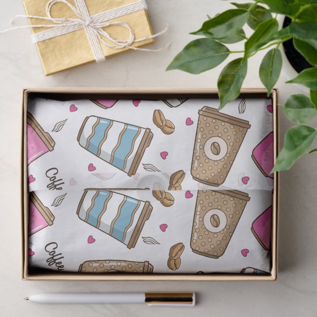 Coffee Cups, Coffee Beans, Hearts, Coffee Lover Tissue Paper (Gift)